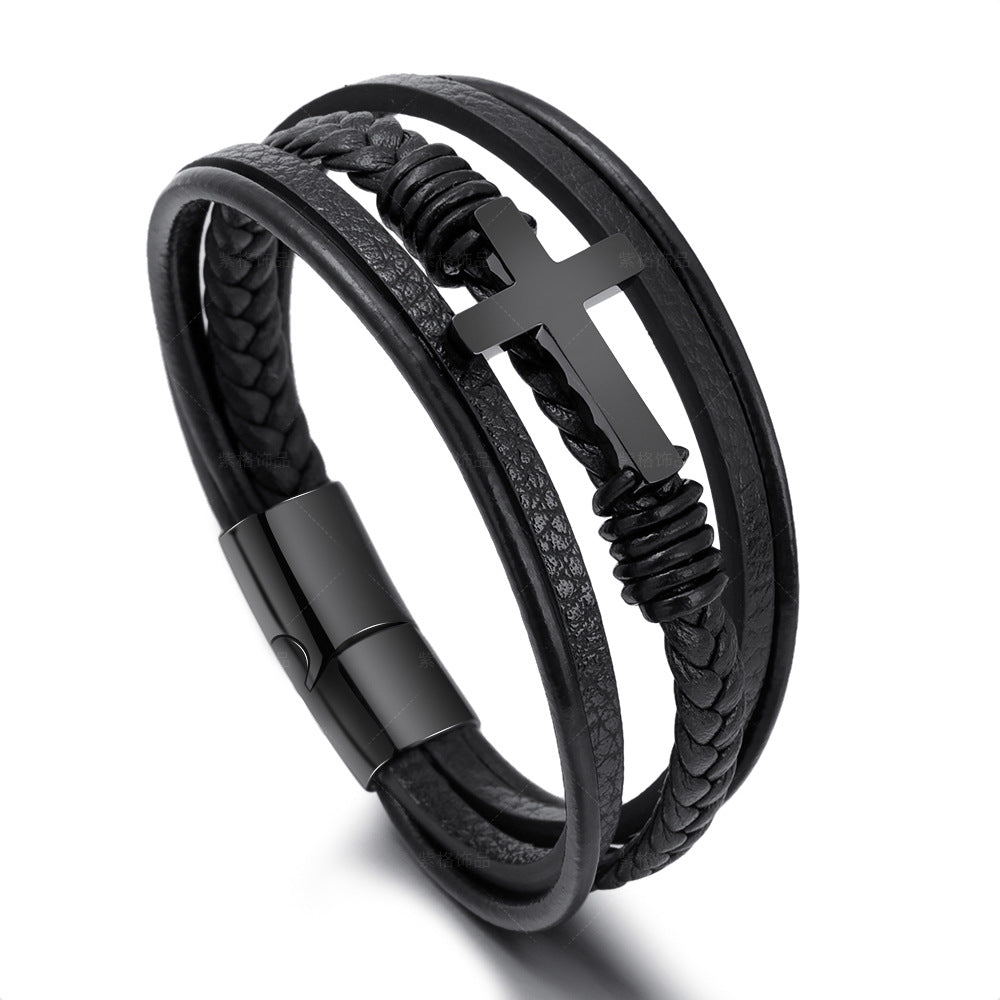 Braided Handmade Leather Magnetic Buckle Titanium Steel Cross Bracelet Black Black Buckle 23cm - iRelax® Australia