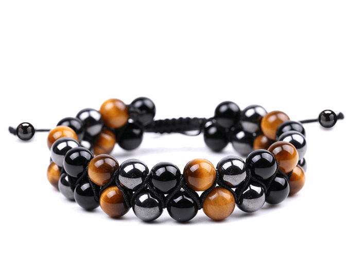Double Row Natural Stone Tiger Eye Bracelet Black Magnet Black Agate Tiger Eye - iRelax Australia