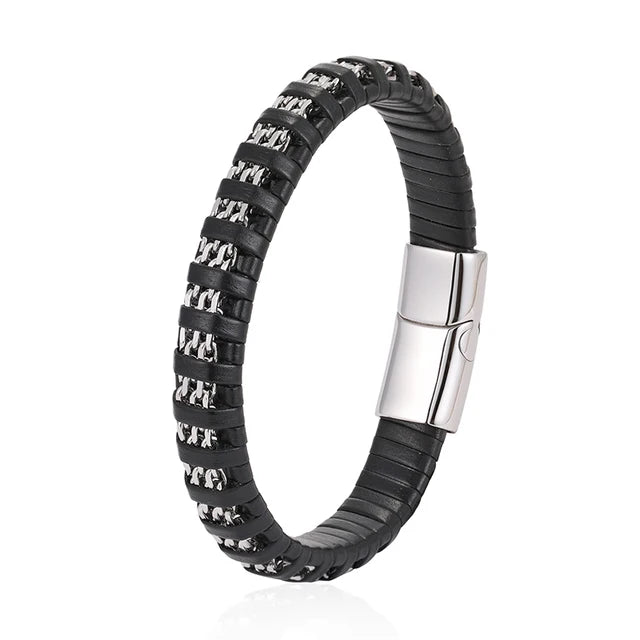 Retro Black Woven Leather 8mm Stainless Steel Bracelet Silver-Cuban Link - iRelax® Australia