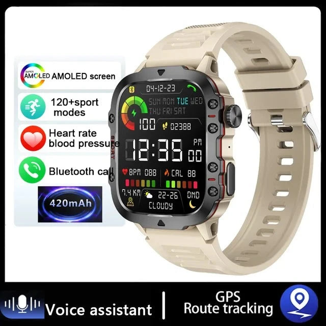 Rugged Military GPS Smart Watch AMOLED HD 1.96" Screen Silicone Khaki - iRelax® Australia