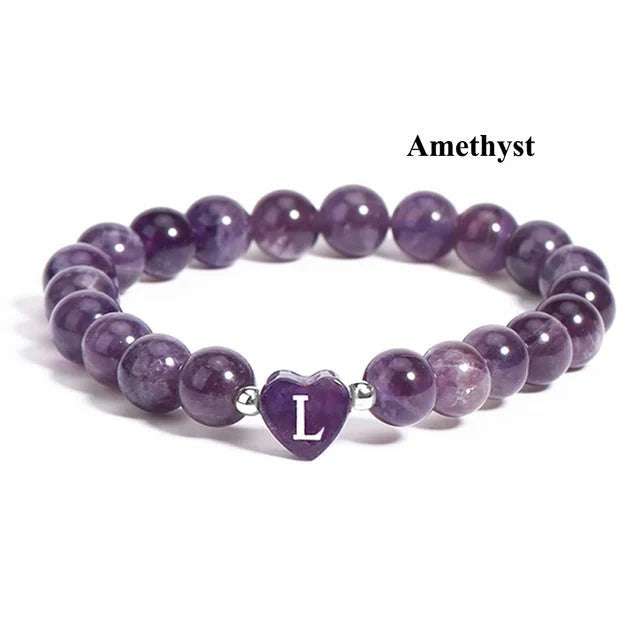 A-Z Initial Heart Shape Natural Stone Beads Bracelet Amethyst 19CM - iRelax® Australia