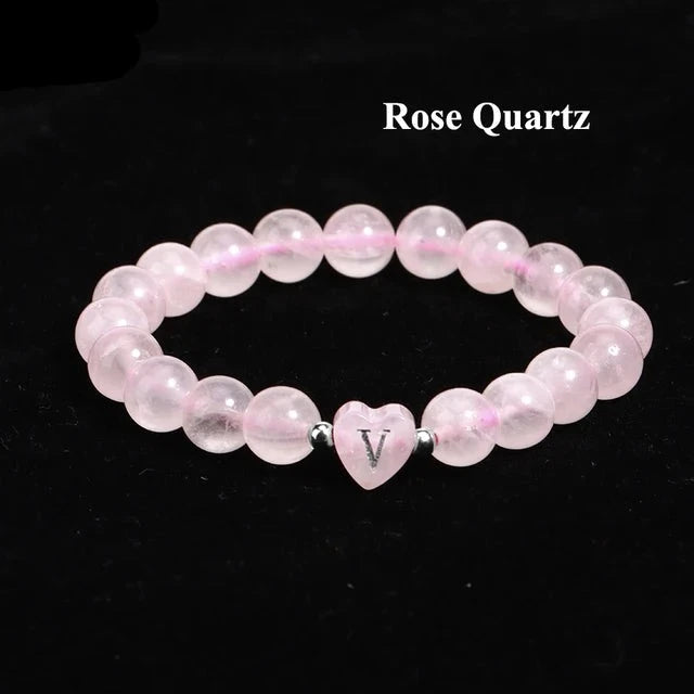 A-Z Initial Heart Shape Natural Stone Beads Bracelet Rose Quartz 19CM - iRelax® Australia