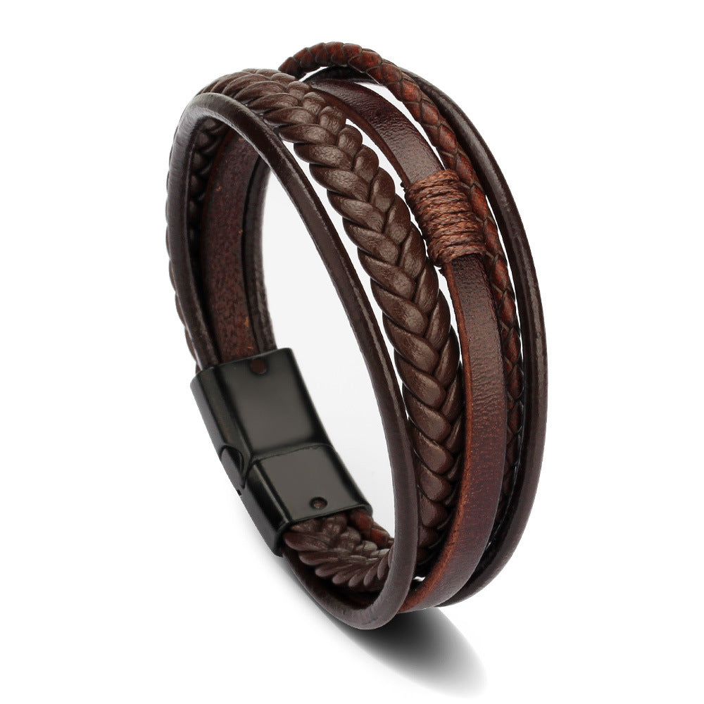 Leather Rope Hand Woven Bracelet Brown Black Buckle 23cm - iRelax® Australia