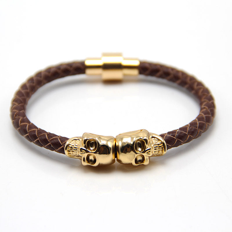 Ghost Head Leather Punk Style Skull Bracelet Gold + Brown Leather - iRelax® Australia