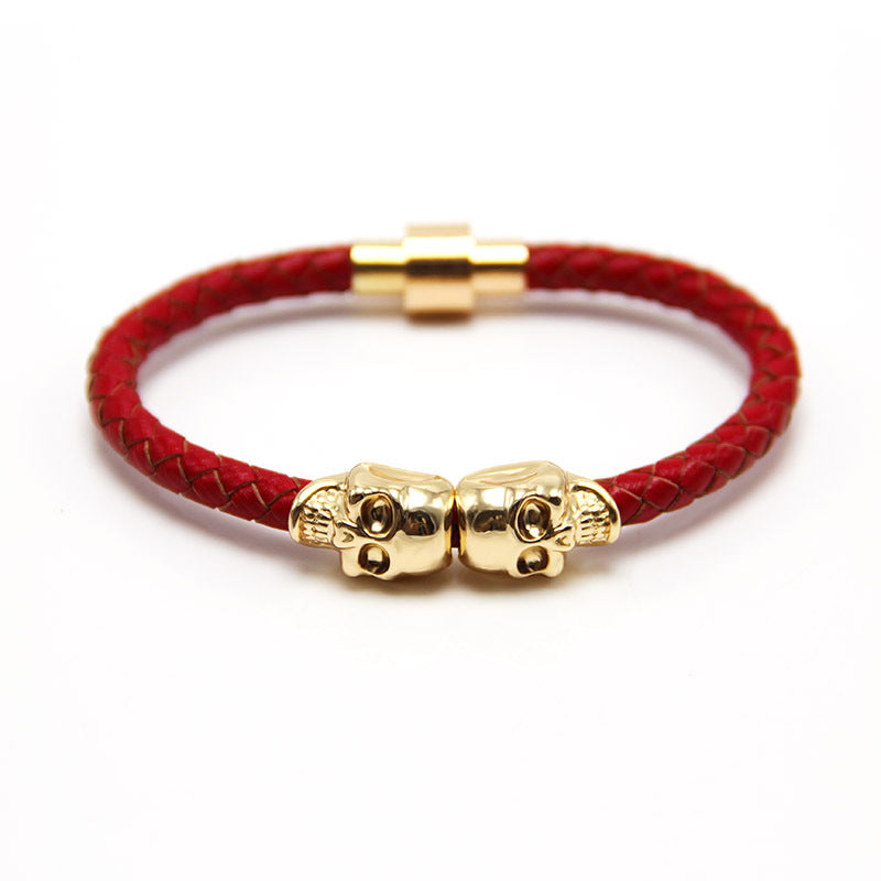 Ghost Head Leather Punk Style Skull Bracelet Gold + Red Leather - iRelax® Australia