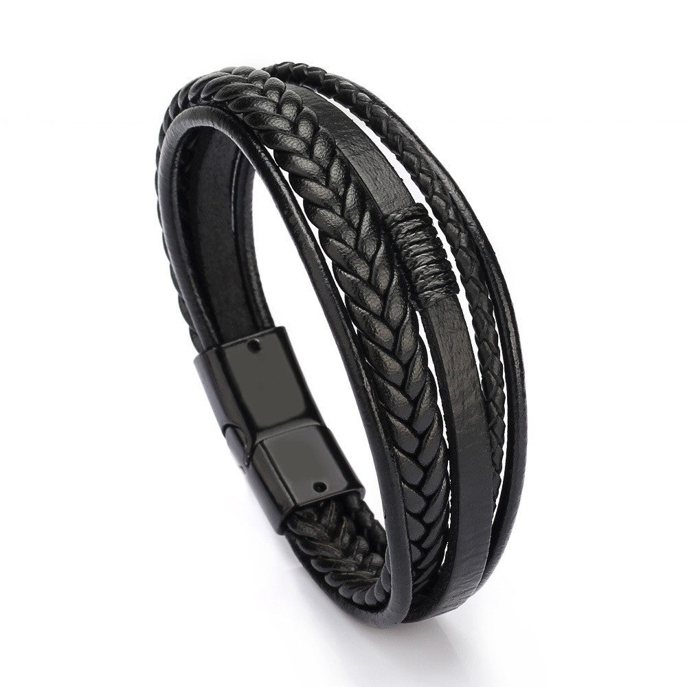 Leather Rope Hand Woven Bracelet Black Black Buckle 23cm - iRelax® Australia