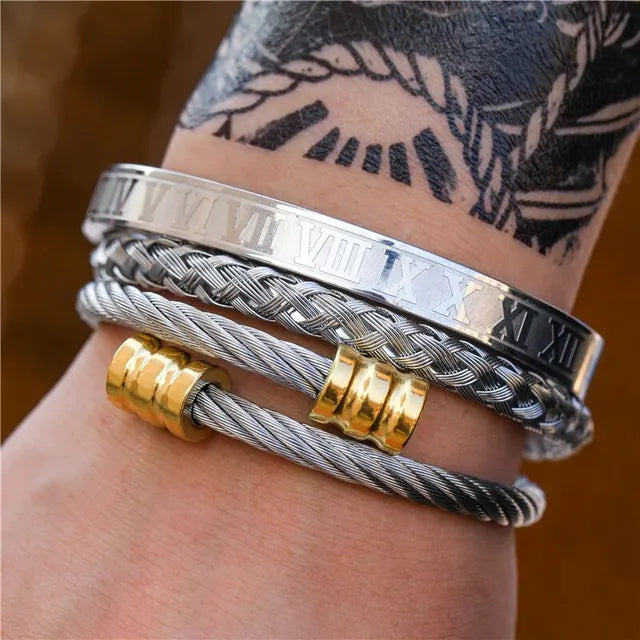 3Pcs/Set Roman Numeral Woven Cylindrical Head Bracelet ZJ3009 Silver Gold - iRelax Australia