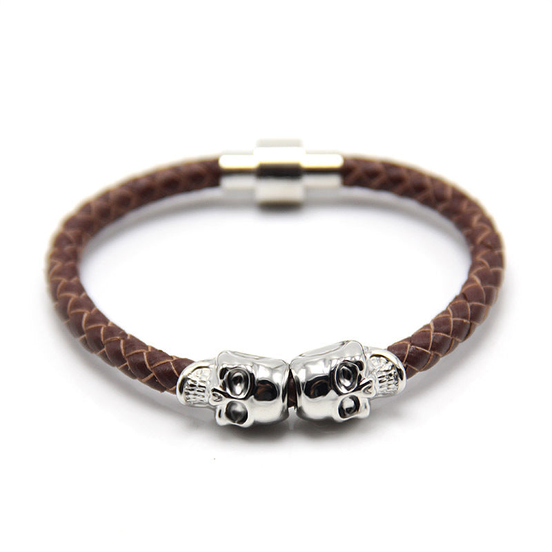 Ghost Head Leather Punk Style Skull Bracelet White K + Brown Leather - iRelax® Australia