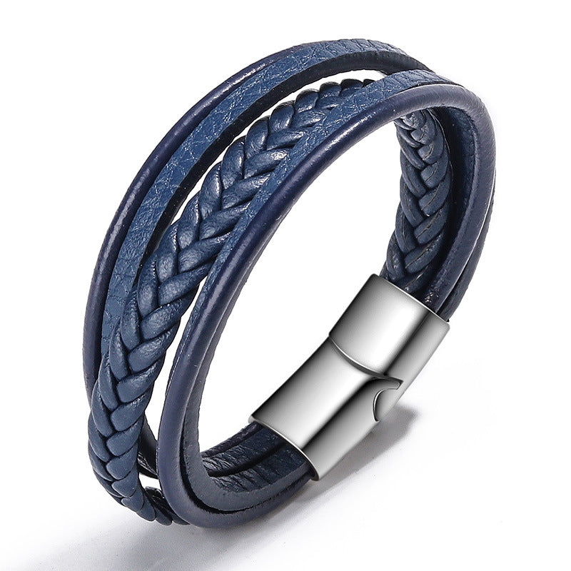 Handmade Rope Leather Ethnic Magnetic Bracelet Blue White Buckle 23cm - iRelax® Australia