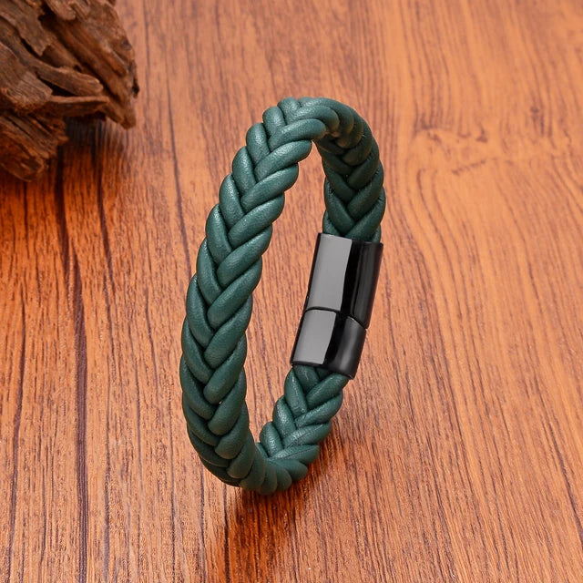 Handmade Woven Leather Wrap Bracelets Green Leather-Black - iRelax® Australia