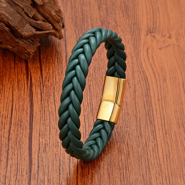 Handmade Woven Leather Wrap Bracelets Green Leather-Gold - iRelax® Australia