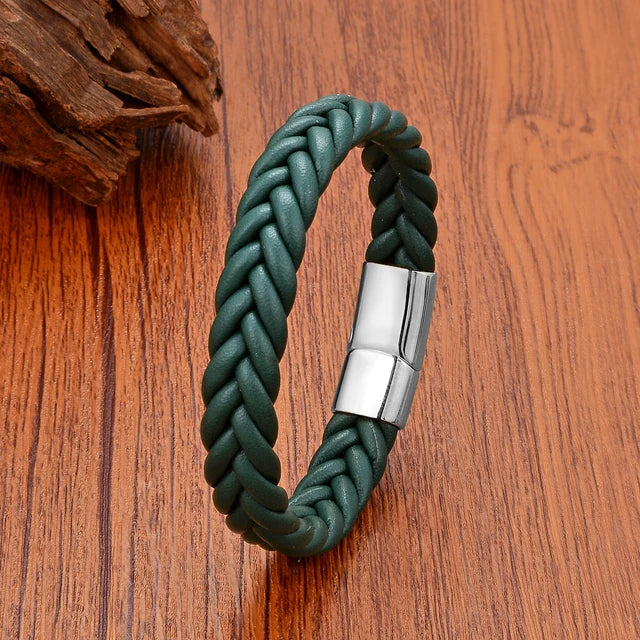 Handmade Woven Leather Wrap Bracelets Green Leather-White - iRelax® Australia