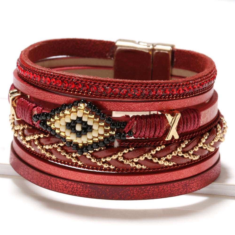 Bohemian Style Eye Bead Hand-Woven Leather Bracelet Red - iRelax® Australia