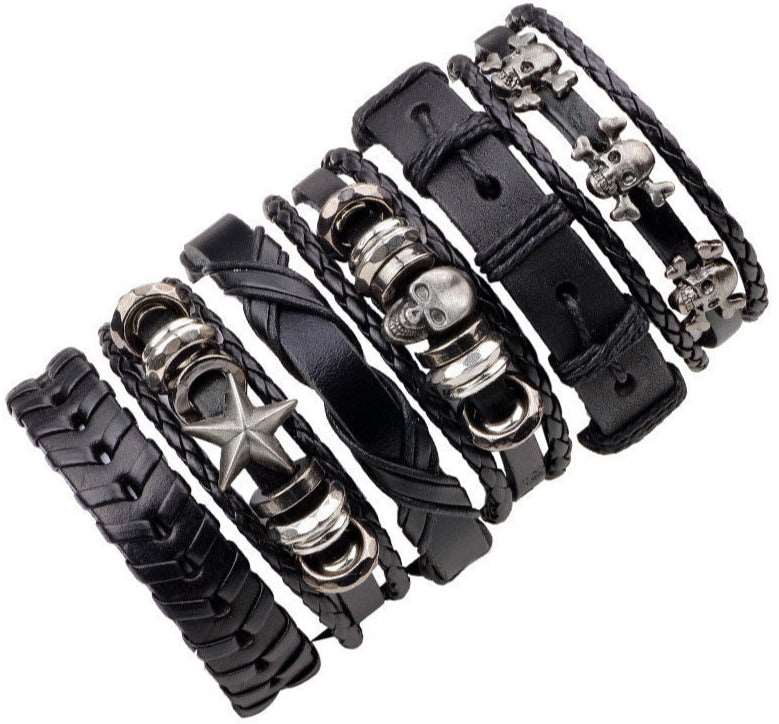 6pcs Black Wristband Genuine Leather Bracelet Set - iRelax® Australia