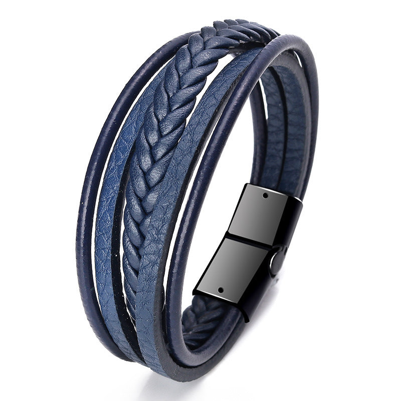 Handmade Rope Leather Ethnic Magnetic Bracelet Blue Black Buckle 23cm - iRelax® Australia