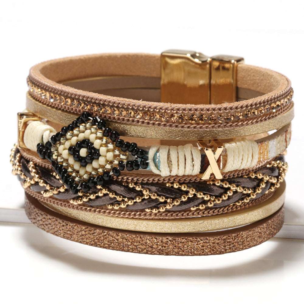 Bohemian Style Eye Bead Hand-Woven Leather Bracelet Khaki - iRelax® Australia