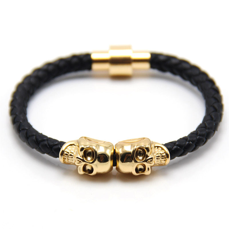 Ghost Head Leather Punk Style Skull Bracelet Gold + Black Leather - iRelax® Australia