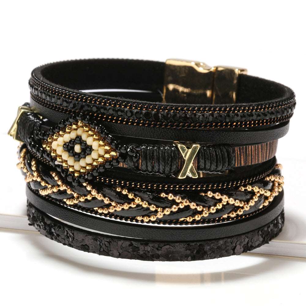 Bohemian Style Eye Bead Hand-Woven Leather Bracelet Black - iRelax® Australia