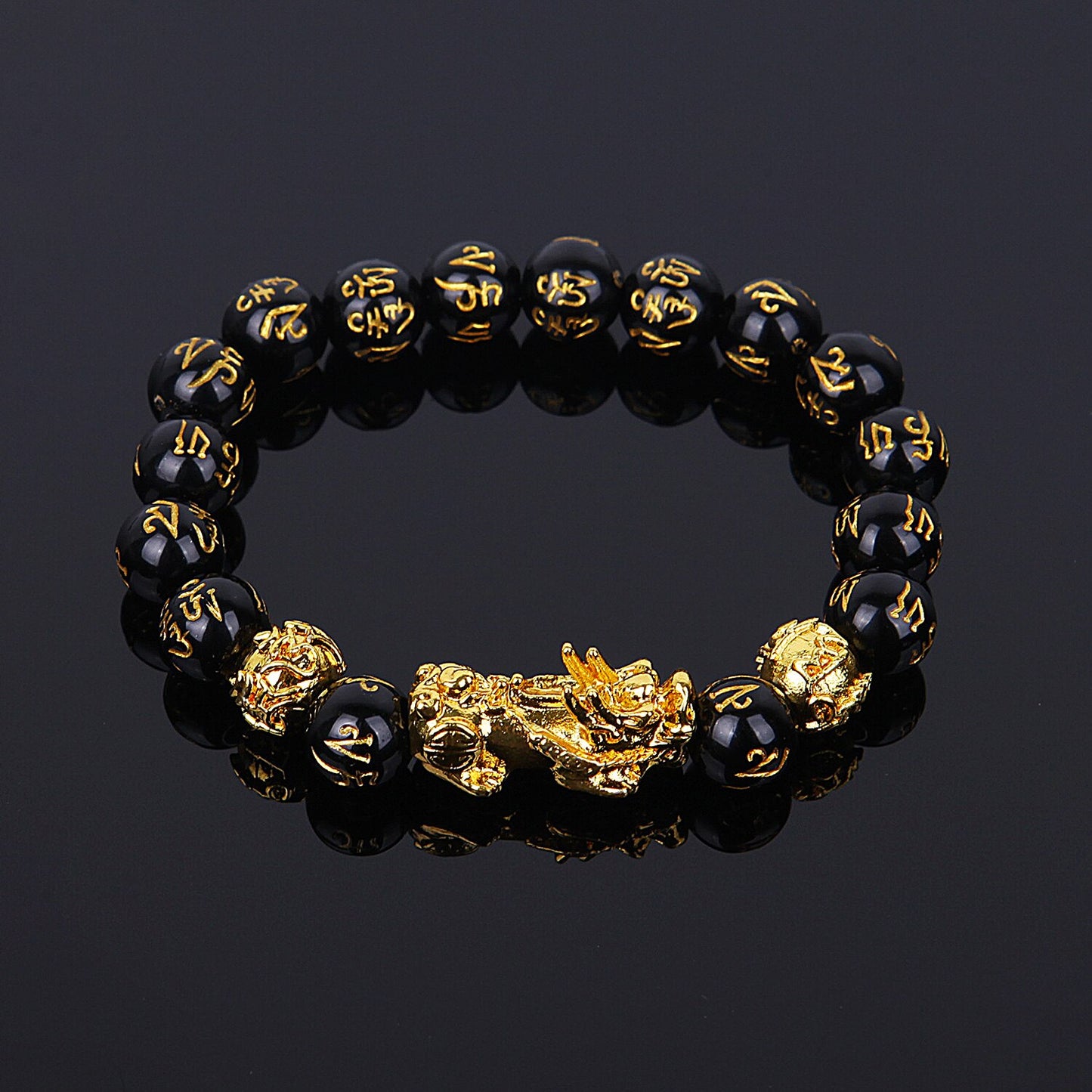 Feng Shui Black Beads Alloy Wealth Bracelet With Golden Pixiu Charm - iRelax® Australia