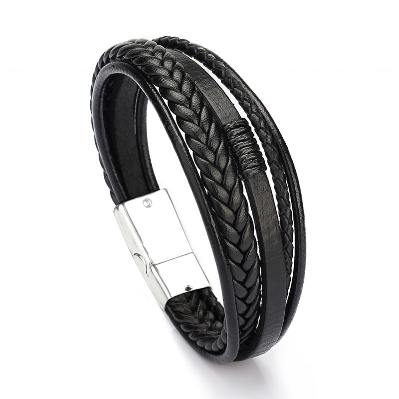 Leather Rope Hand Woven Bracelet Black White Buckle 23cm - iRelax® Australia