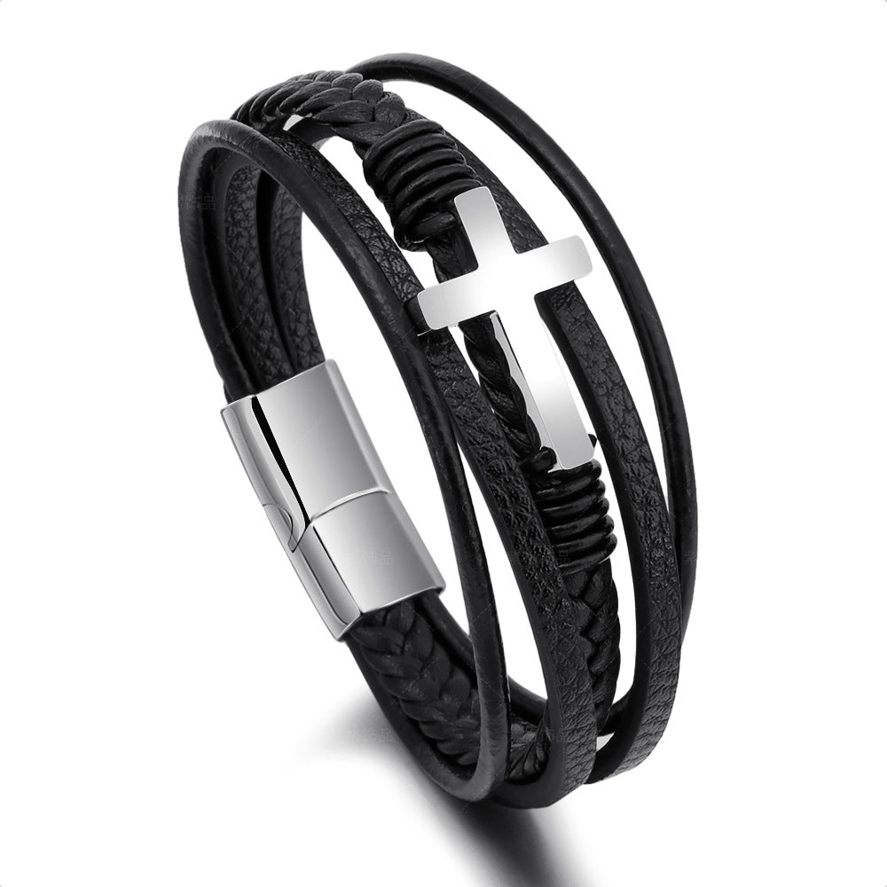 Braided Handmade Leather Magnetic Buckle Titanium Steel Cross Bracelet Black White Buckle 23cm - iRelax® Australia