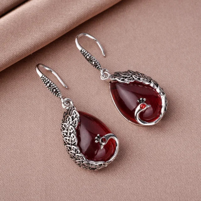 Jade Peacock Shaped Drop Earrings Red - iRelax® Australia