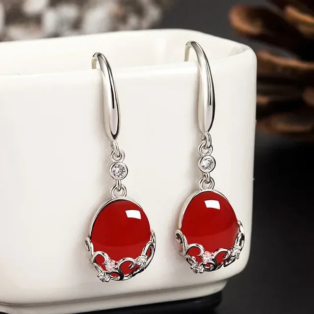 Jade Carved Gemstone Water Droplet Earrings Red - iRelax® Australia