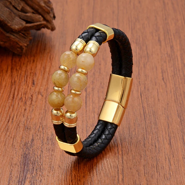 Luxury Natural Stones Double Genuine Leather Bracelet Gold-Hair Crystal - iRelax® Australia