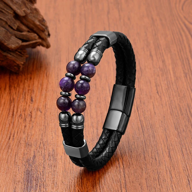 Luxury Natural Stones Double Genuine Leather Bracelet Black-Amethyst - iRelax® Australia