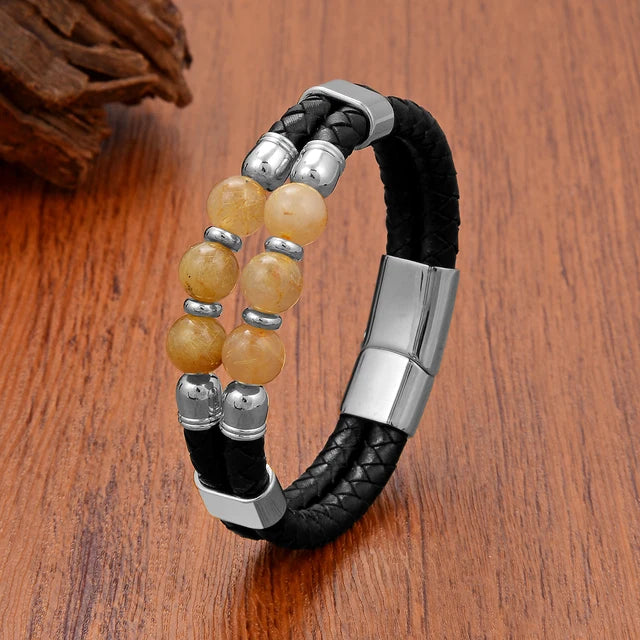 Luxury Natural Stones Double Genuine Leather Bracelet Silver-Hair Crystal - iRelax® Australia