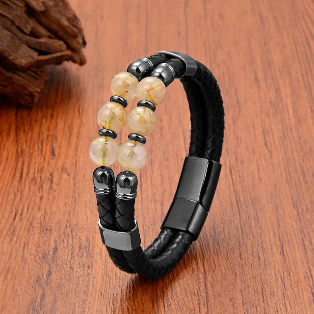 Luxury Natural Stones Double Genuine Leather Bracelet Black-Hair Crystal - iRelax® Australia