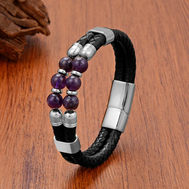 Luxury Natural Stones Double Genuine Leather Bracelet Silver-Amethyst - iRelax® Australia