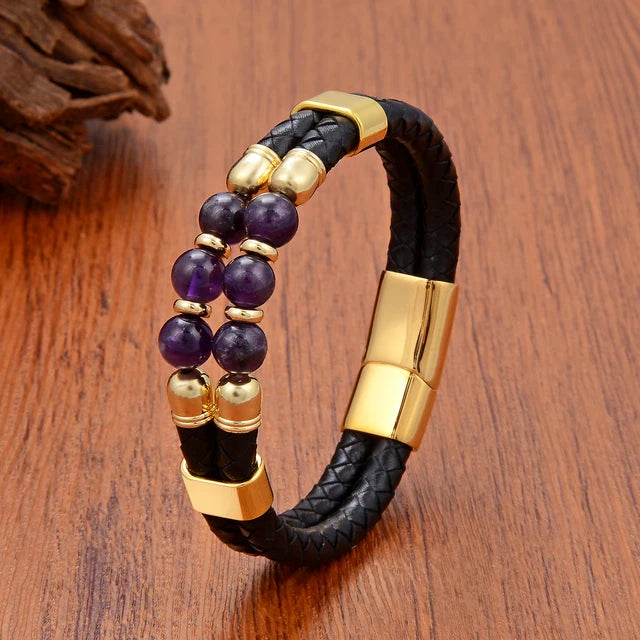 Luxury Natural Stones Double Genuine Leather Bracelet Gold-Amethyst - iRelax® Australia