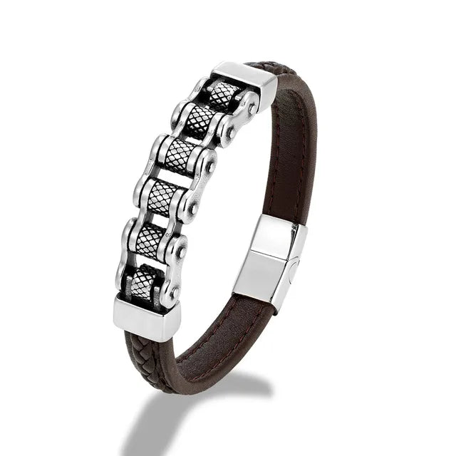 Punk Biker Chain Braided Genuine Leather Bracelet L1059 - iRelax Australia