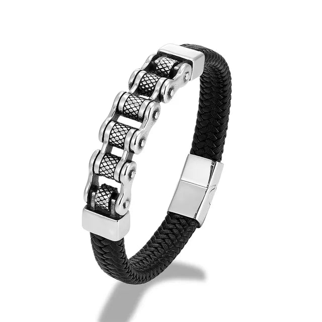 Punk Biker Chain Braided Genuine Leather Bracelet L1055 - iRelax Australia
