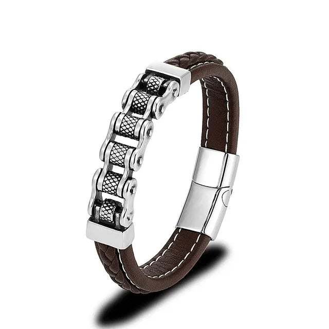Punk Biker Chain Braided Genuine Leather Bracelet L1058 - iRelax Australia