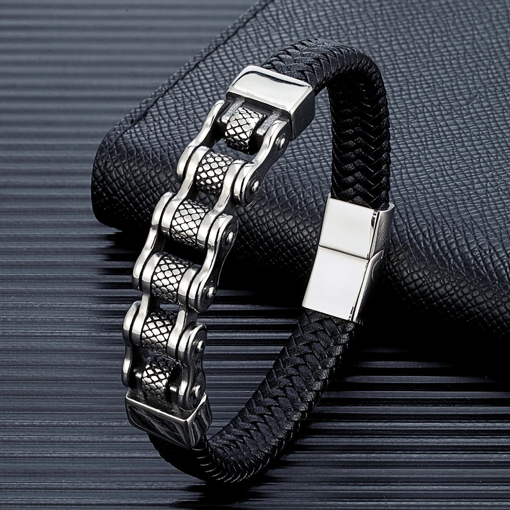 Punk Biker Chain Braided Genuine Leather Bracelet - iRelax Australia
