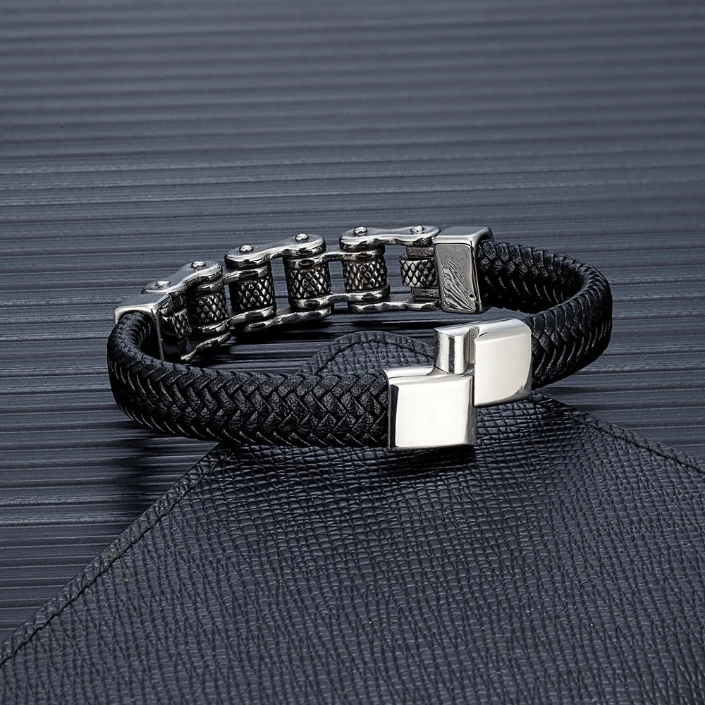 Punk Biker Chain Braided Genuine Leather Bracelet - iRelax Australia