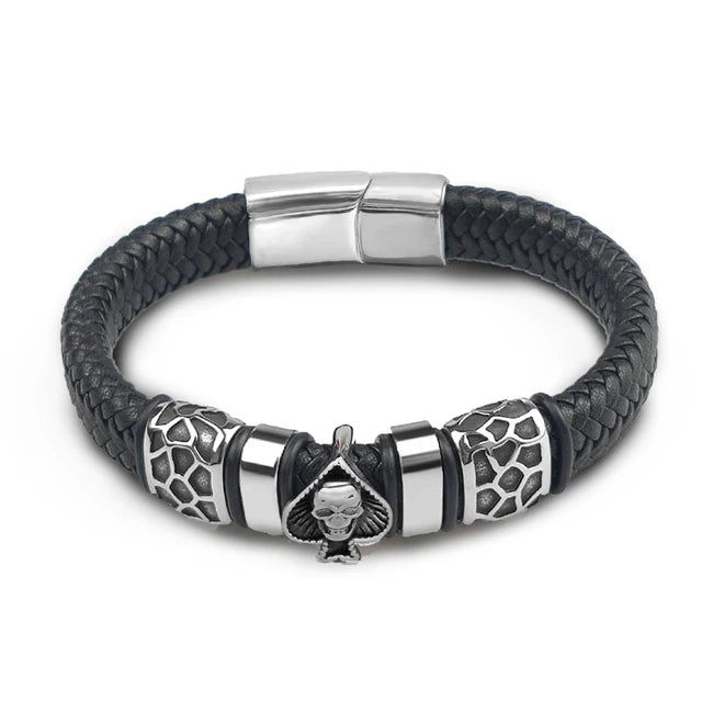 Braided Leather 316L Stainless Steel Charm Spades Skull Bracelet 22.5cm - iRelax® Australia