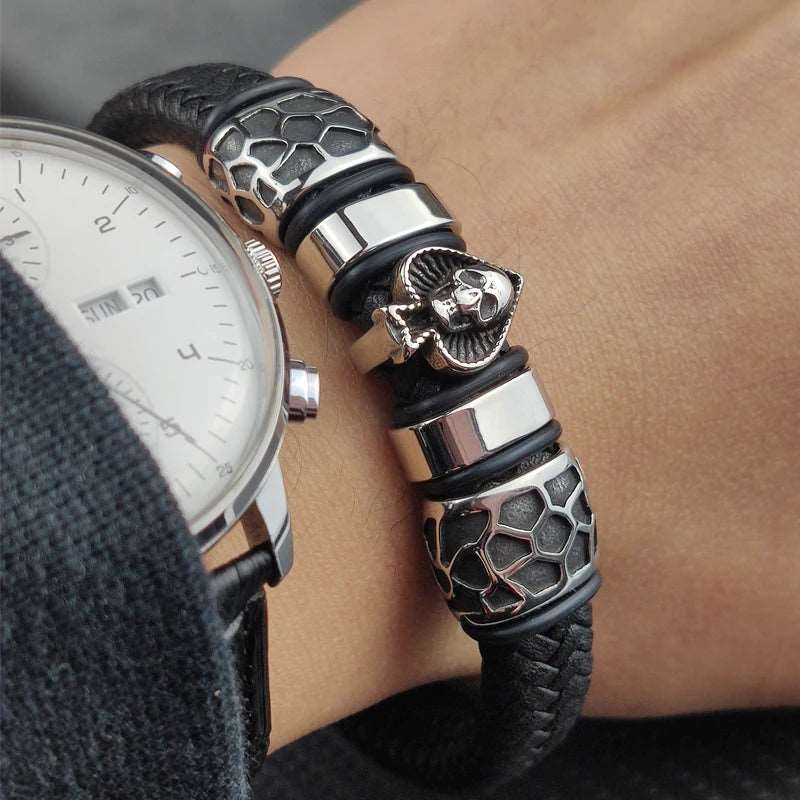 Braided Leather 316L Stainless Steel Charm Spades Skull Bracelet - iRelax® Australia