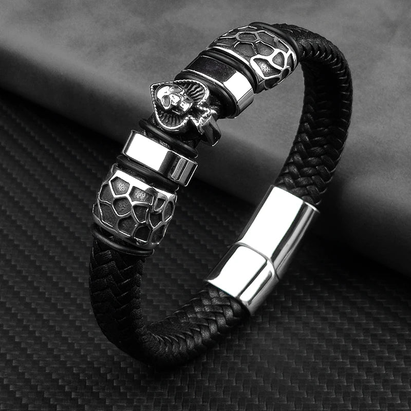 Braided Leather 316L Stainless Steel Charm Spades Skull Bracelet - iRelax® Australia
