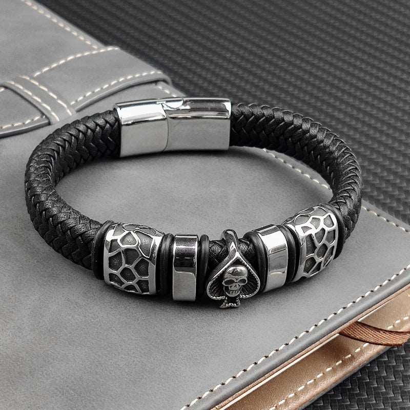 Braided Leather 316L Stainless Steel Charm Spades Skull Bracelet - iRelax® Australia