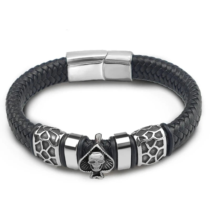 Braided Leather 316L Stainless Steel Charm Spades Skull Bracelet - iRelax® Australia