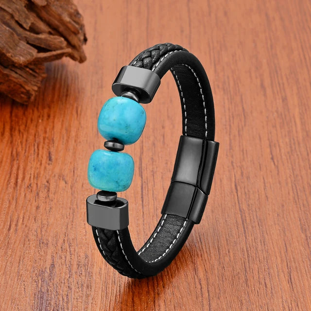 Stone Beaded Stainless Steel Buckle Leather Bracelet Black - iRelax® Australia