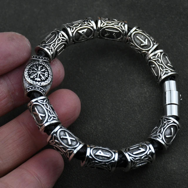 Viking Norse Runic Runes Beads Charm Magnetic Bracelet 11 Rune Beads Silver - iRelax® Australia