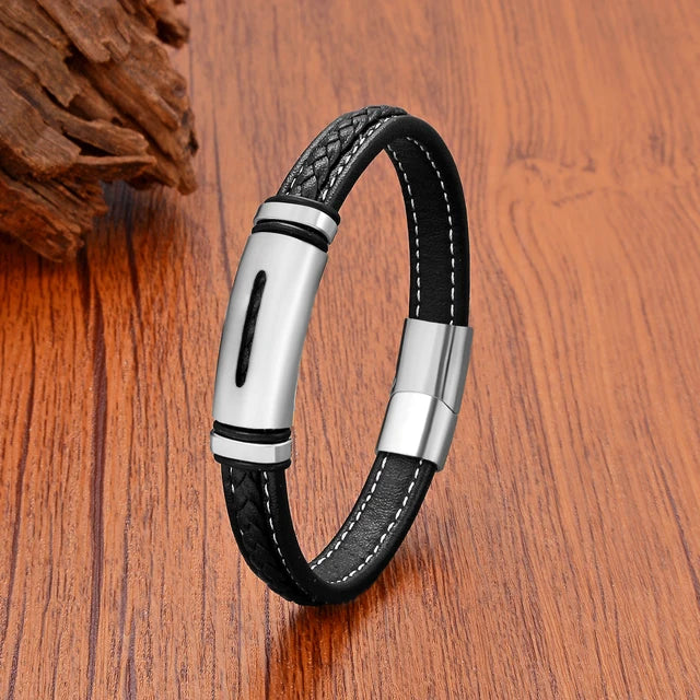 Personality Geometric Stainless Steel Black Weave Leather Bracelet Silver - iRelax® Australia