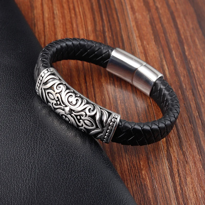 Punk Style Black Leather Special Design Stainless Steel Clasp Bracelet - iRelax® Australia