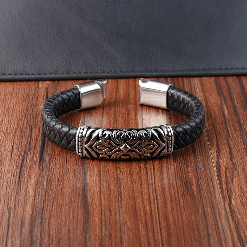 Punk Style Black Leather Special Design Stainless Steel Clasp Bracelet - iRelax® Australia
