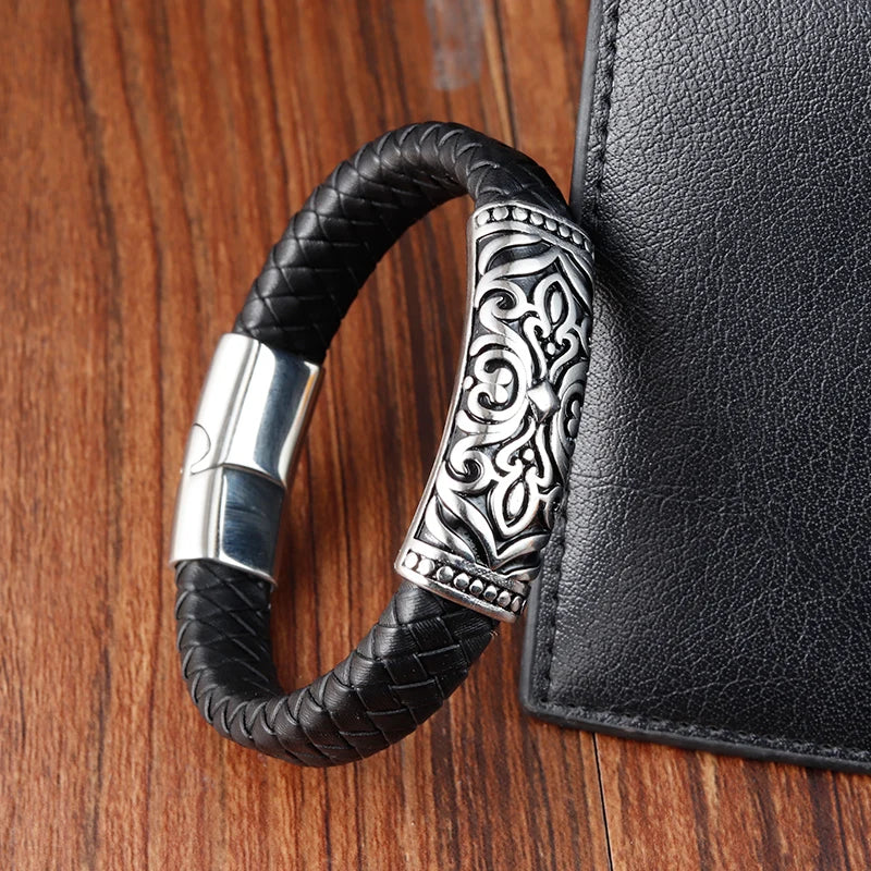 Punk Style Black Leather Special Design Stainless Steel Clasp Bracelet - iRelax® Australia