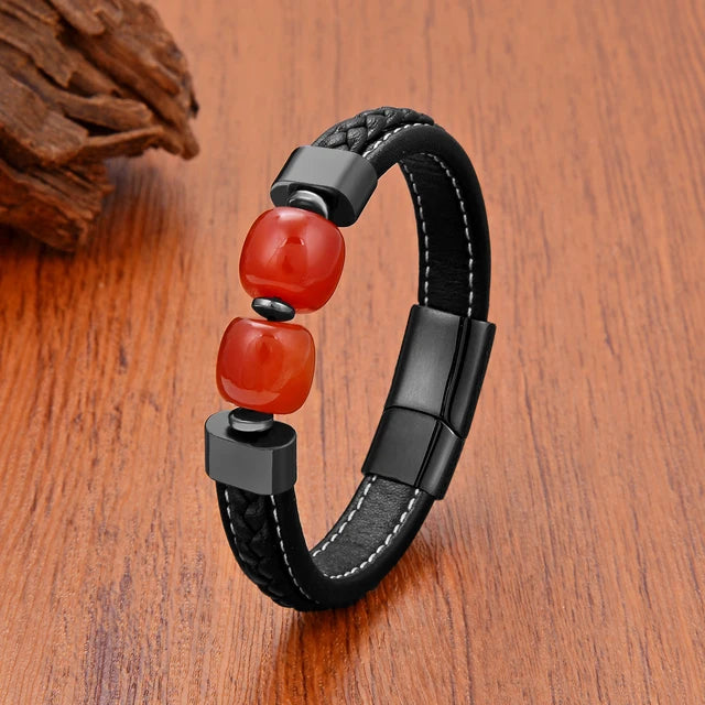 Natural Round Agate Stone Leather Bracelet Red Agate-Black - iRelax® Australia